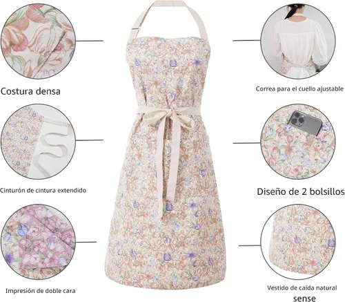 Vista 4 de Aoomzoon Delantales de cocina para mujer con 2 bolsillos, delantal ajustable vintage de doble cara para jardinería, cocina, arte, pintura