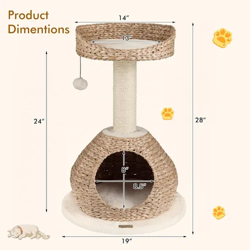 Vista 4 de PETSITE Árbol para gatos moderno de 28 pulgadas, poste rascador de sisal de sisal de torre para gatos, hecho a mano y percha superior, bola colgante