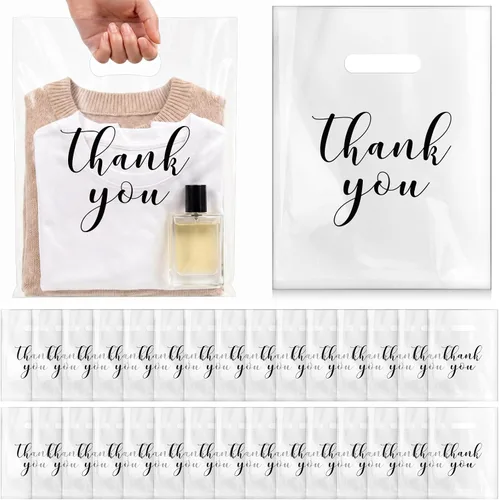 Vista 8 de Crtiin 100 piezas de bolsas de mercancía transparentes con texto "Thank You" y asas troqueladas para compras, bolsas de plástico para embalaje