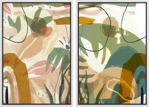 Vista 16 de IDEA4WALL Lienzo Enmarcado Impreso Arte de Pared Set Paisaje de Hojas de Palma de Selva de Mediados de Siglo Naturaleza Silvestre Ilustraciones Arte