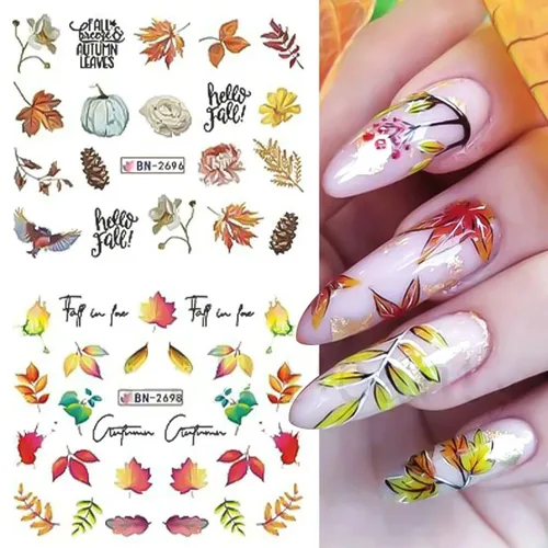 Vista 5 de 12 calcomanías de uñas de otoño, calcomanías de agua de hoja de arce, día de Acción de Gracias, marca de agua, hojas, línea, letra, transferencia