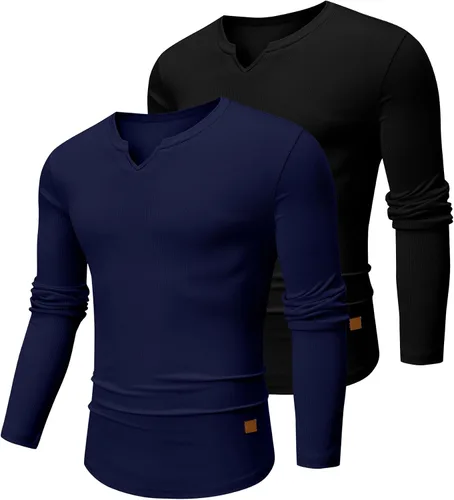Vista 27 de JMIERR Camisetas de manga larga para hombre, estilo casual, cuello en V Negro+Blanco