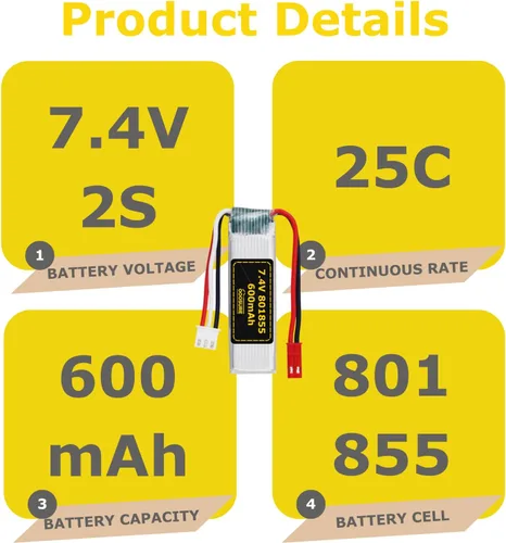 Vista 3 de Batería de 7.4V 600mAh 801855 compatible con WLtoys Toys XK A280 A160 A300 RC Airplane, P51 Mustang 4 canales 6G/3D sin escobillas 2.4G avión