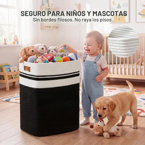 Vista 5 de OIAHOMY - Cesta de lavandería de 91L, cesta de lavandería XXXL, cesta plegable de cuerda de algodón, cesta de almacenamiento tejida para mantas Negro