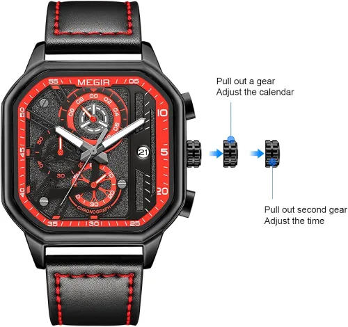 Vista 3 de MEGIR Squre - Reloj de pulsera para hombre, cronógrafo luminoso, analógico, de cuarzo, con correa de cuero