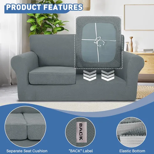 Vista 4 de Jiviner Fundas elásticas para sofá de 3 piezas para sofá de 2 cojines, funda gruesa para sofá biplaza con 2 fundas de cojín para sala de estar, Gris