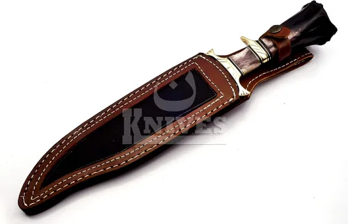 Vista 5 de Noon Knives: Cuchillo Bowie coleccionable de acero de Damasco hecho a mano, mango de hueso de camello (negro)