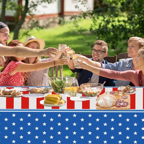 Vista 4 de 2 manteles de 4 de julio, manteles de bandera estadounidense, suministros para fiesta patriótica, para el Día de los Veteranos, Día de la Bandera