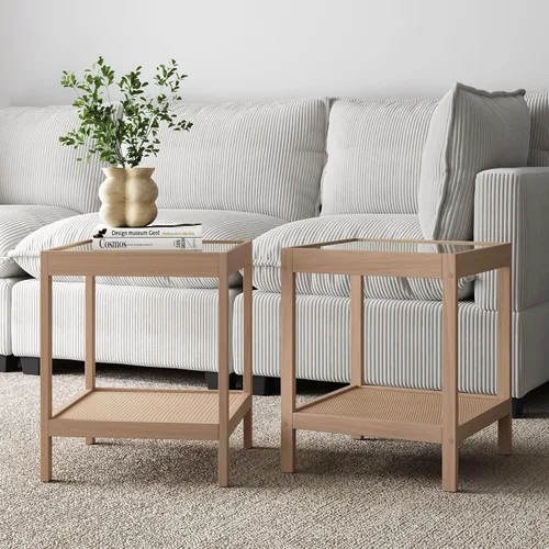 Vista 9 de Nathan James Sonia - Mesa auxiliar redonda de estilo boho, mesa lateral natural para sofá en madera clara con estante de almacenamiento de ratán