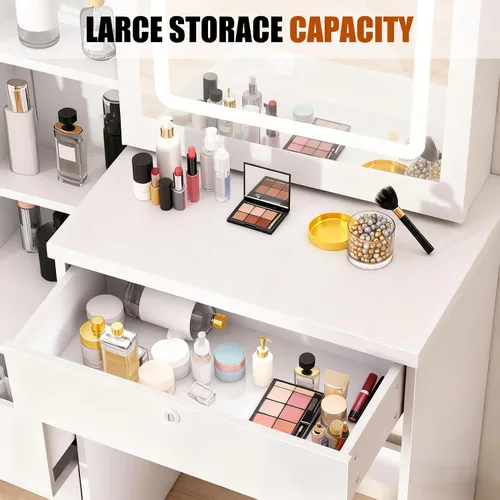 Vista 7 de Escritorio de tocador de maquillaje con espejo y luces, mesa de tocador con 4 cajones, 7 estantes y espacio extra oculto, tocador compacto