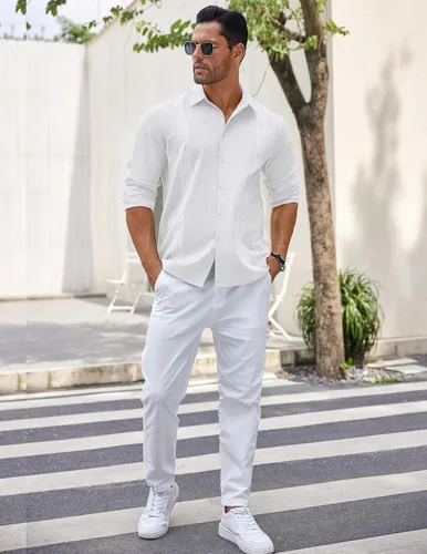 Vista 4 de COOFANDY Men's Cuban Guayabera Shirt Long Sleeve Casual Button Down Shirts Beach Linen Shirt