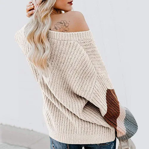 Vista 2 de EXLURA V Neck Long Lantern Sleeve Sweater Color Block Chunky Pullover Oversized Jumper