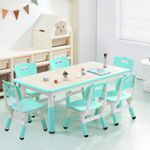 Vista 8 de Juego de mesa y sillas para niños, escritorio ajustable en altura con 6 asientos para edades de 2 a 10 años, mesa de arte y manualidades, escritorio