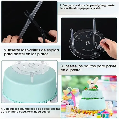 Vista 2 de Smiley - Juego de varillas de plástico para tartas, 12 varillas de plástico blanco para pasteles, 12 piezas apilables transparentes y 4 platos