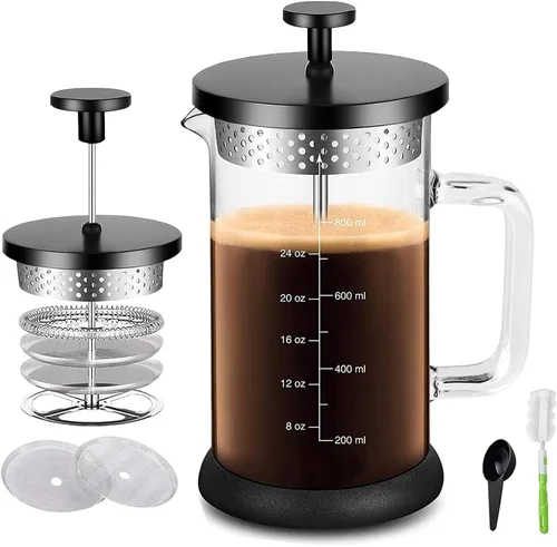 Vista 12 de YMMIND Cafetera de prensa francesa de 12 onzas, cafetera de té espresso con sistema de 4 filtros, émbolo de acero inoxidable y vidrio de Negro