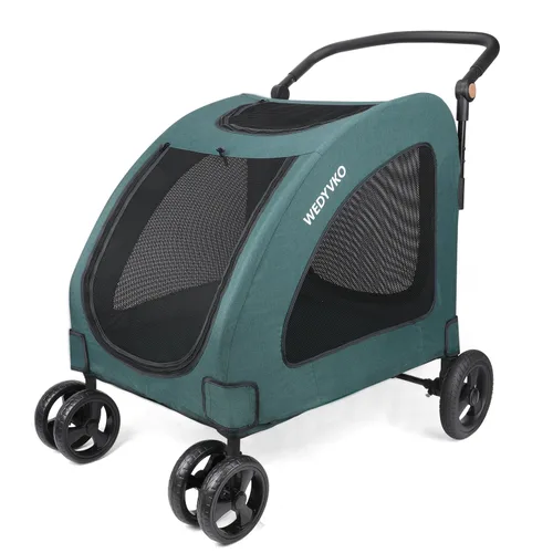 Vista 13 de Cochecito de viaje grande para perros con 4 ruedas resistentes, con mango ajustable, doble capacidad para perros con puerta delantera trasera