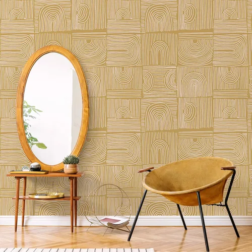Vista 4 de VEELIKE Papel tapiz geométrico bohemio con arcos amarillos para despegar y pegar, extraíble, para dormitorio, baño, 17.7 x 118 pulgadas, papel tapiz