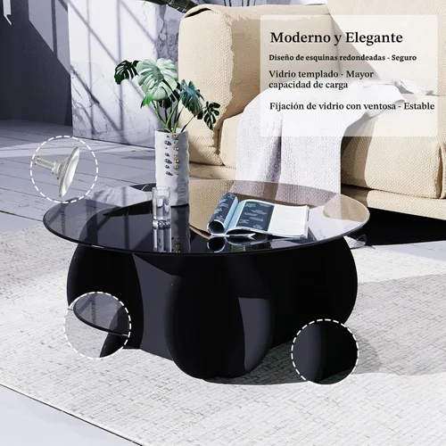 Vista 5 de Mesa de Centro con Tapa de Vidrio Negro, Mesa de Centro Redonda Moderna y Elegante con Patas de Madera Maciza y Superficie de Vidrio Templado