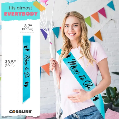 Vista 4 de CORRURE Baby Shower Mom to Be Faja para niño o niña – Hermosa cinta azul y texto de aluminio negro – Ideal para revelación de género, regalos