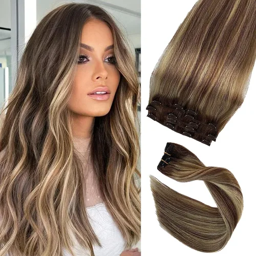 Vista 20 de Extensiones de cabello humano real Remy con clip, color blanco hielo, extensiones de cabello humano natural con clip, 12 pulgadas, 7 piezas, 2.47 oz