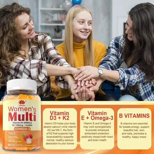 Vista 6 de Gomitas multivitamínicas para mujer con Omega 3 (DHA/EPA), vitamina D3 K2, calcio, inositol, complejo diario de vitamina A C E B, L-metilfolato