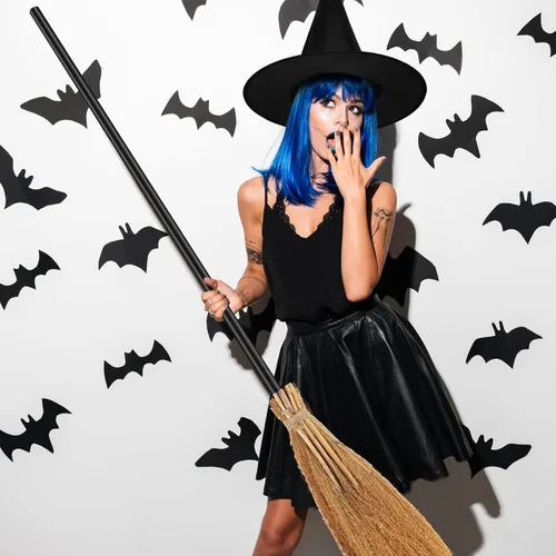 Vista 6 de Jetec Juego de sombrero de escoba de bruja de Halloween, sombrero negro con escoba de 39.4 pulgadas, bruja maga realista para fiesta de Halloween