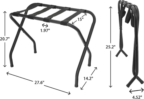 Vista 8 de Portaequipajes plegable, soporte de maleta de metal resistente con correas de nailon, portaequipajes plegable para habitación de invitados