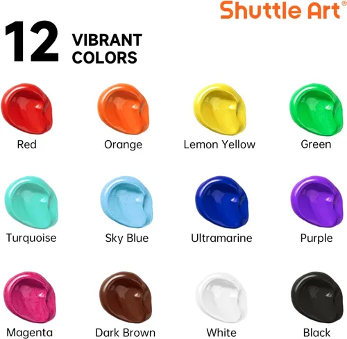 Vista 3 de Shuttle Art 12 colores de pintura acrílica, botellas de 250 ml/8.45 oz, juego de pintura acrílica, pigmentos ricos, suministros de pintura a granel