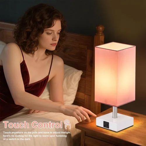 Vista 7 de Juego de 2 lámparas de mesa táctiles para dormitorio, regulables, USB C+A Rosa y blanco (2 piezas)