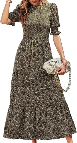 Vista 109 de BTFBM Vestidos para mujer, cuello redondo, casual, de verano, con volantes, manga corta, bohemio, con niveles, fruncido, largo, con estampado floral