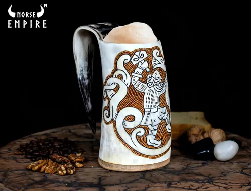 Vista 6 de Taza de cuerno vikingo prémium para cerveza Ale, edición especial, Ragnarok, con detalles, medievales, nórdicos, para vikingos, brillo natural