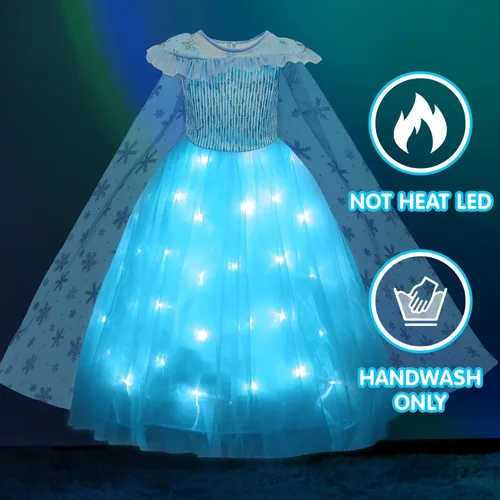 Vista 4 de Vestido de princesa, disfraz de princesa para niñas, ropa de disfraces de Halloween con capa, forro de luz LED, azul