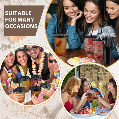 Vista 7 de tchrules Juego de 50 vasos de plástico negro de 16 onzas con tapas y pajitas, vaso de café helado desechable con tapa, vasos de plástico de fondo