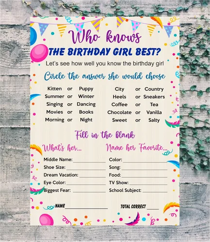Vista 4 de RokAPary Who Knows The Birthday Girl Best Game, ideas temáticas para fiestas de cumpleaños, juego divertido para fiestas de pijamas, juego de 30