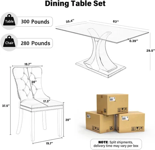 Vista 3 de Juego de comedor de cristal moderno de lujo de 7 piezas, juego de cena rectangular minimalista grande para 6, mesa de cocina de cristal transparente