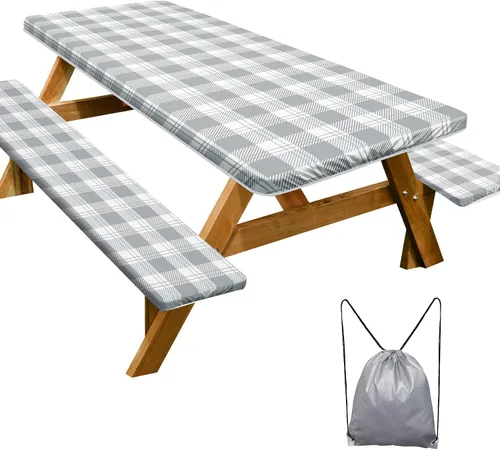 Vista 35 de Funda de mesa de picnic con fundas para bancos Esenciales de camping Mantel de picnic impermeable y a prueba de viento con bolsa de cordón, funda