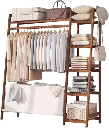 Vista 10 de Bamboo Coat Rack with Storage Rack,Freestanding Clothes Rack with Storage Bag,Wood Closet Shelf with Hanging Rod,Clothes Storage Organizer