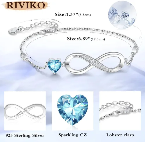 Vista 5 de RIVIKO Pulsera con dije de símbolo de corazón de amor infinito para mujer, plata de ley 925, ajustable, cumpleaños, día de San Valentín, Navidad
