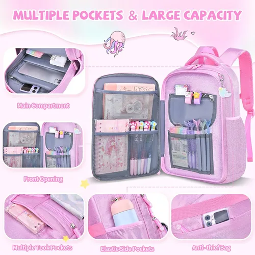 Vista 4 de Mochila para niñas, mochilas escolares de 16 pulgadas para niñas, bonita bolsa de libros para niñas, niños, estudiantes, escuela primaria, Rosa