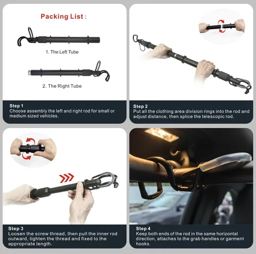 Vista 6 de Barra ajustable para colgar ropa de automóvil, de 30 a 50 pulgadas, barra de suspensión resistente para vehículos pequeños o medianos, armario