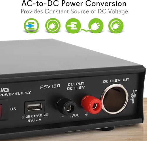 Vista 4 de Pyramid Convertidor universal de fuente de alimentación AC-DC 12V: entrada de CA dual de 115/230V, puerto USB, terminal de tornillo para encendedor
