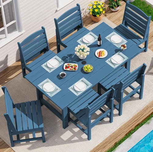 Vista 21 de SERWALL Juego de mesa de comedor de 7 piezas, muebles de comedor de polietileno de alta densidad para exteriores con agujero para paraguas y 6 Negro