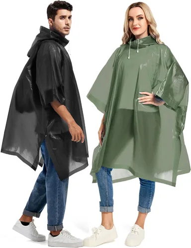 Vista 79 de Paquete de 2 ponchos de lluvia para adultos, reutilizables, impermeables, de supervivencia, emergencia, resistente, con capucha con cordón