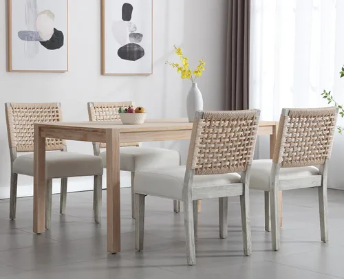 Vista 8 de Juego de 2 sillas de comedor de granja, sillas de comedor tapizadas con respaldo tejido a mano, asiento acolchado suave y patas de madera Beige