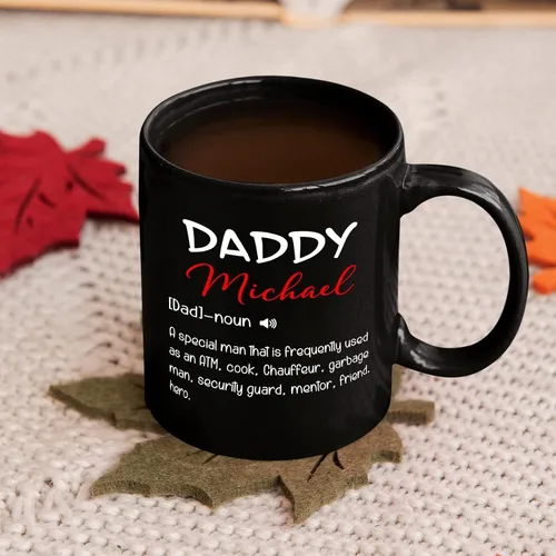 Vista 3 de Taza de café negra con nombre personalizado de 11 onzas, 15 onzas, taza de café con definición de papá para papá, regalo para papá nuevo, taza