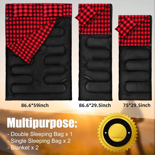 Vista 2 de Saco de dormir doble de franela para adultos y niños, tamaño Queen para 2 personas con 2 almohadas, saco de dormir para clima cálido y frío