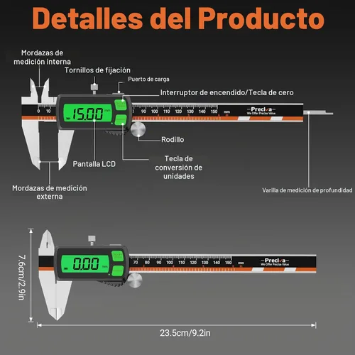 Vista 7 de Calibre digital, calibre Vernier recargable de acero inoxidable tipo C, conversión de F/MM/in, LCD grande, pinza de medición digital de carga USB