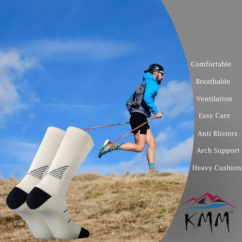 Vista 4 de KMM Calcetines acolchados de lana merino para hombre con control de humedad ligero y acogedor para senderismo, uso al aire libre, uso casual