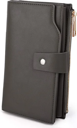 Vista 17 de UTO Cartera de cuero vegano para mujer, cartera larga con broche de presión, tarjetero de crédito, elegante embrague 0153 Gris
