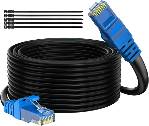 Vista 9 de Adoreen Cable Ethernet Cat 6 para exteriores de 25 pies, negro, cable de red de Internet largo resistente de alta velocidad para cámara POE Cat 5 5e